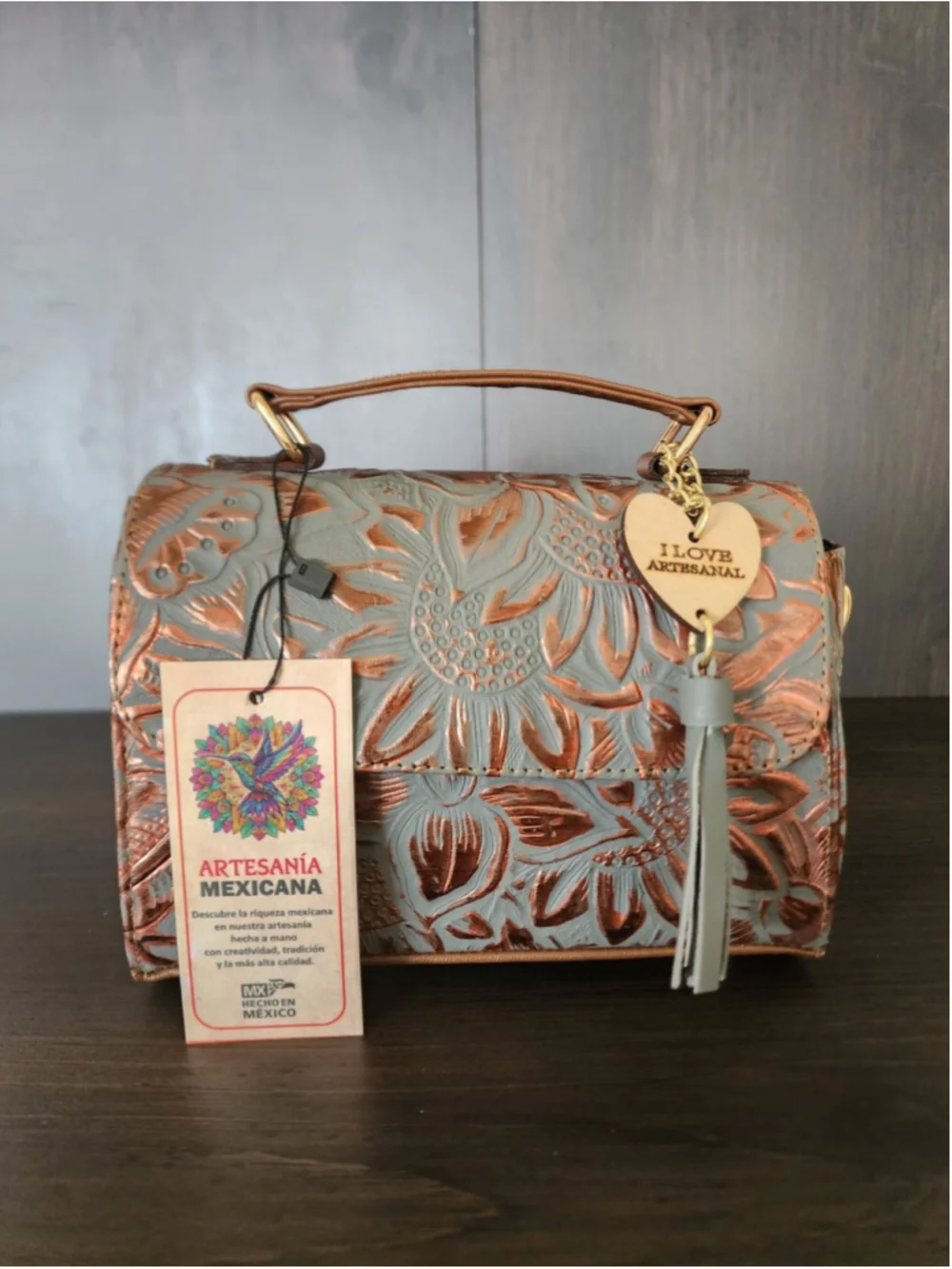 Blue Gray Bronze Sunflower Embossed Tooled Artisan Leather Crossbody Purse